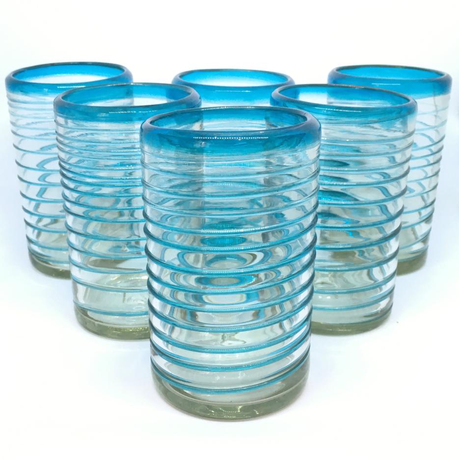 Juego de 6 vasos grandes con espiral azul aqua, 14 oz, Vidrio Reciclado, Libre de Plomo y Toxinas